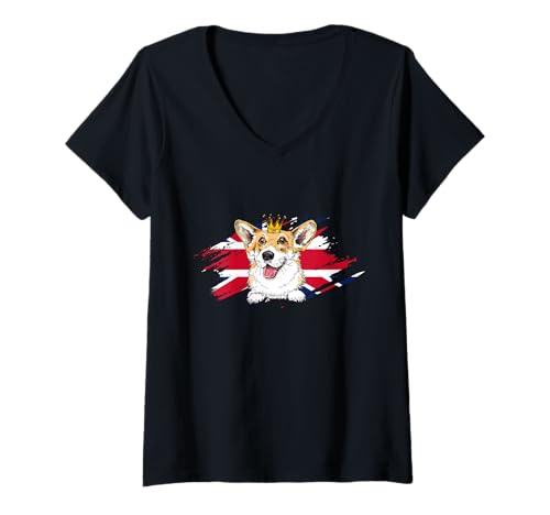 Damen Britischer Corgi-Hund mit Krone und UK-Flagge London England T-Shirt mit V-Ausschnitt von Selena's things