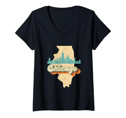 Damen Chicago Urban Skyline auf der Landkarte des Bundesstaates Illinois, Retro T-Shirt mit V-Ausschnitt Damen Chicago Urban Skyline auf der Landkarte des Bundesstaates Illinois, Retro T-Shirt mit V-Ausschnitt von Selena's things