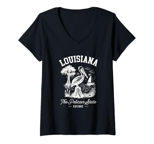Damen EIN Pelikan im Sumpf: Vintage-Souvenir aus Louisiana T-Shirt mit V-Ausschnitt Damen EIN Pelikan im Sumpf: Vintage-Souvenir aus Louisiana T-Shirt mit V-Ausschnitt von Selena's things