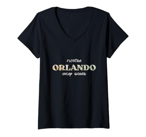 Damen Florida Orlando Vacay Squad Tropisches Palmblatt-Muster T-Shirt mit V-Ausschnitt Damen Florida Orlando Vacay Squad Tropisches Palmblatt-Muster T-Shirt mit V-Ausschnitt von Selena's things