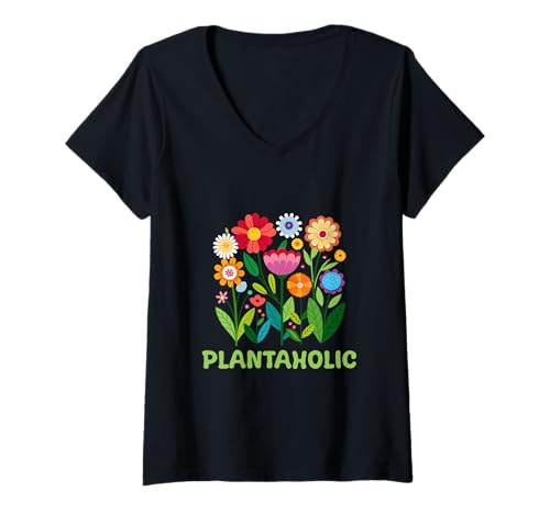 Damen Lustige Plantaholic Gardener Bunte Cartoon-Blumen-Grafik T-Shirt mit V-Ausschnitt Damen Lustige Plantaholic Gardener Bunte Cartoon-Blumen-Grafik T-Shirt mit V-Ausschnitt von Selena's things