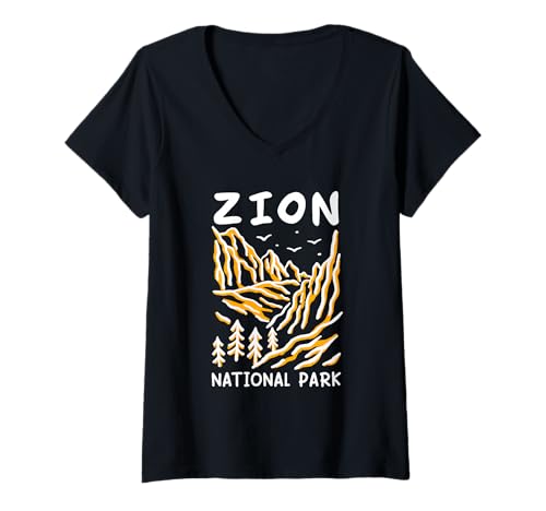 Damen Minimalistische Berge, Schluchten, Klippen, Zion, Utah, Reisen im Freien T-Shirt mit V-Ausschnitt von Selena's things