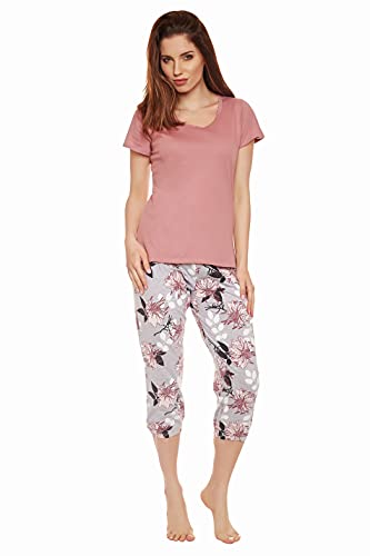 Moonline moderner und bequemer Damen Capri-Pyjama, aus 100% weicher Baumwolle, Capri-rosa-Blumen, Gr. M von Selente