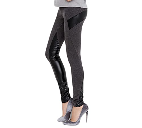 Selente #Fashionista Damen Leggings/Stretch Hose in trendigem Design, Grau mit Ledereinsätzen, Größe L von Selente