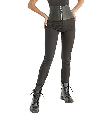 Selente #Fashionista Damen Leggings/Stretch Hose in trendigem Design, Schwarz Leder-Gürtel, Größe L von Selente