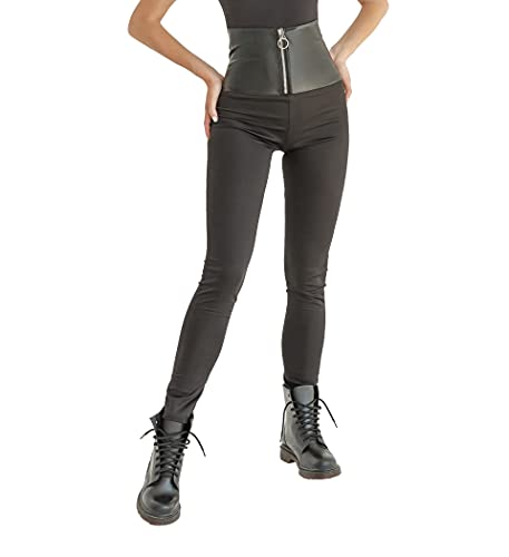 Selente #Fashionista Damen Leggings/Stretch Hose in trendigem Design, Schwarz Leder-Gürtel, Größe M von Selente