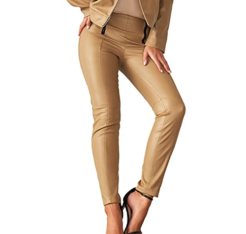 Selente #Fashionista Damen Leggings in Leder-Optik in modischem Design, Beige Reißverschluss, Größe S von Selente