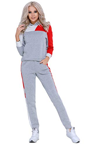 Selente #Fashionista Damen Trainingsanzug Hausanzug, mit Kapuze Gr. L, Grau/Weiß/Rot von Selente