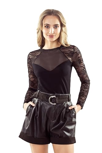 Selente #Fashionista Enrica Damen Spitzentop/Bluse (Made in EU), Longsleeve transparent Schwarz, Gr. L von Selente