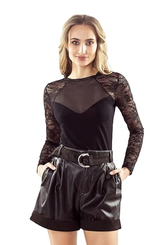 Selente #Fashionista Enrica Damen Spitzentop/Bluse (Made in EU), Longsleeve transparent Schwarz, Gr. M von Selente