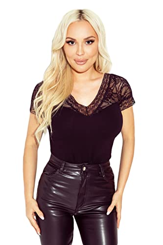 Selente #Fashionista Samira Damen verführerisches Top/Shirt/Bluse, Shirt V-Ausschnitt Spitze Schwarz, Gr. S von Selente