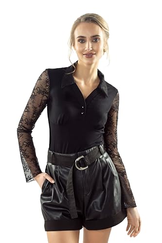 Selente #Fashionista Sybilla Damen Elegantes Spitzenoberteil/Bluse/Spitzentop Langarm, Schwarz Knopfleiste, Gr. M von Selente