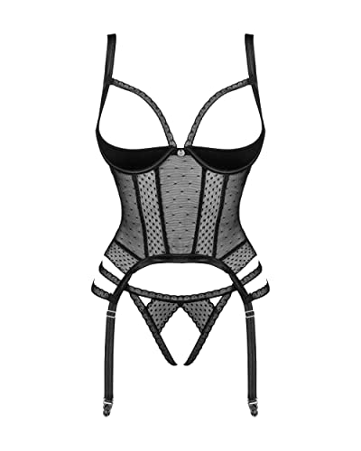 Selente Love & Fun 3-teiliges Damen Dessous-Set aus Corsage mit Strapshaltern, Slip und Satin-Augenbinde (M/L, Schwarz-Mesch-Ouvert) von Selente