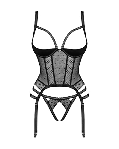 Selente Love & Fun 3-teiliges Damen Dessous-Set aus Corsage mit Strapshaltern, Slip und Satin-Augenbinde (M/L, Schwarz-Mesch-Ouvert) von Selente