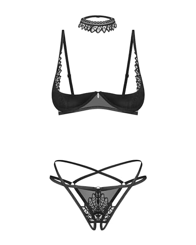 Selente Love & Fun Damen Unterwäsche-Set aus BH, Slip, Choker & exklusiver Satin-Augenbinde, Made in EU (XL-XXL, Schwarz-Hebe BH-Ouvert) von Selente
