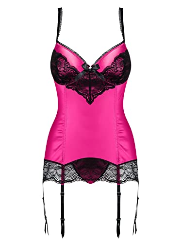 Selente Love & Fun Dessous-Set aus figurbetonendem Corsage mit Spitzenbesatz, Strumpfhaltern und Panty, sowie Satin-Augenbinde, S-M, Pink/Schwarz von Selente