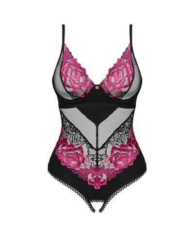 Selente Love & Fun verführerisches 2-teiliges Damen Dessous-Set aus Body/Ouvert & Satin-Augenbinde, Made in EU (M-L, Schwarz-Pink-Ouvert) von Selente