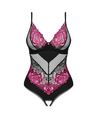 Selente Love & Fun verführerisches 2-teiliges Damen Dessous-Set aus Body/Ouvert & Satin-Augenbinde, Made in EU (M-L, Schwarz-Pink-Ouvert) von Selente