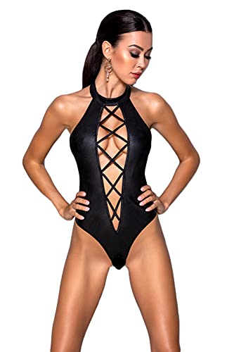 Selente Love & Fun verführerisches 2-teiliges Damen Dessous-Set aus Body & exklusiver Satin-Augenbinde, Made in EU, schwarz-lederoptik-ouvert, Gr. XXL/3XL von Selente