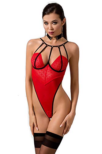 Selente Love & Fun verführerisches 2-teiliges Damen Dessous-Set aus Ouvert-/Body & exklusiver Satin-Augenbinde, Made in EU, Rot-schwarz-bänder-ouvert, Gr. XXL/3XL von Selente