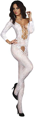 Selente Love & Fun verführerisches 2-teiliges Damen Dessous-Set aus Ouvert-Bodystocking & Satin-Augenbinde Made in EU (S/M/L, weiß-Panty-Optik) von Selente