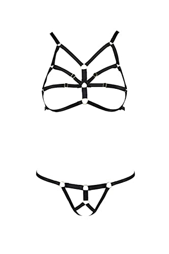 Selente Love & Fun verführerisches 3-teiliges Damen Dessous-Set, Made in EU, aus BH, Tanga & exklusiver Satin-Augenbinde, schwarz-Riemen-1, Gr. L/XL von Selente