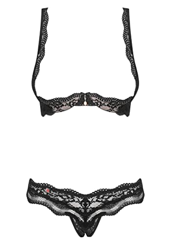 Selente Love & Fun verführerisches 3-teiliges Damen Dessous-Set aus BH, Höschen & Satin-Augenbinde, Made in EU (S/M, schwarz-Hebe-BH-Ouvert) von Selente