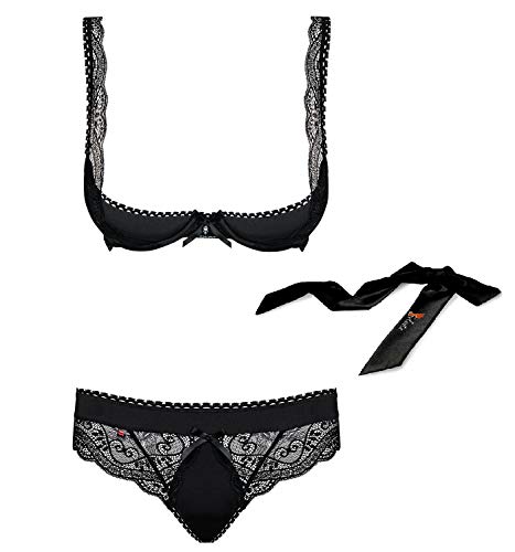 Selente Love & Fun verführerisches 3-teiliges Damen Dessous-Set aus Bügel-Büstenhebe, Tanga & Satin-Augenbinde, Made in EU (L/XL, schwarz-Büstenhebe) von Selente