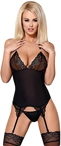 Selente Love & Fun verführerisches 3-teiliges Damen Dessous-Set aus Corsage, Tanga & Satin-Augenbinde, Made in EU (S-M, Schwarz-Neckholder) von Selente