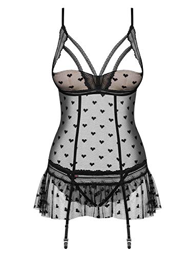 Selente Love & Fun verführerisches 3-teiliges Damen Dessous-Set aus Corsage mit Strapshaltern, Slip und exklusiver Satin-Augenbinde made in EU (S-M, Schwarz-Herzchen) von Selente