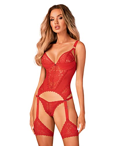 Selente Love & Fun verführerisches 3-teiliges Damen Dessous-Set aus Corsage mit Strapshaltern, Tanga & Satin-Augenbinde, Made in EU (XXL, Rot Spitze) von Selente