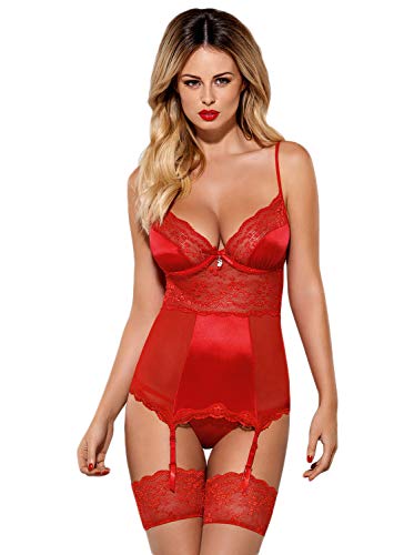 Selente Love & Fun verführerisches 3-teiliges Damen Dessous-Set aus Corsage mit Strumpfhaltern, Tanga & Satin-Augenbinde, made in EU, rot-BH-Bügel, Gr. L/XL von Selente