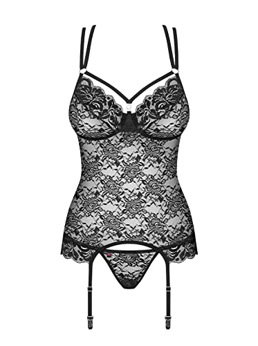 Selente Love & Fun verführerisches 3-teiliges Damen Dessous-Set aus Corsage mit Strumpfhaltern, Tanga & Satin-Augenbinde, Made in EU (L/XL, Schwarz-Doppelträger) von Selente