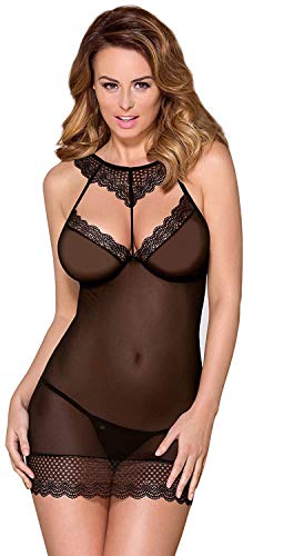 Selente Love & Fun verführerisches 3-teiliges Damen Dessous-Set aus Negligee, passendem String & Satin-Augenbinde, Made in EU, Schwarz-Spitzenkragen, S-M von Selente