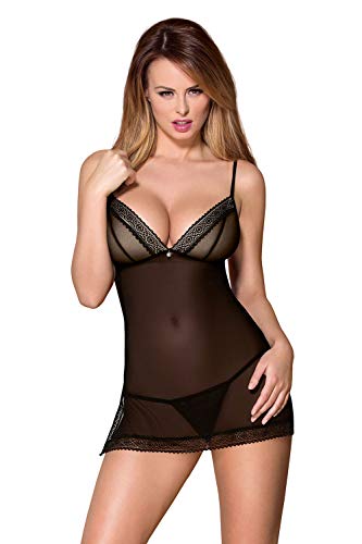 Selente Love & Fun verführerisches 3-teiliges Damen Dessous-Set aus Negligee, passenden String & Satin-Augenbinde, Made in EU, Schwarz-Mesch, L-XL von Selente