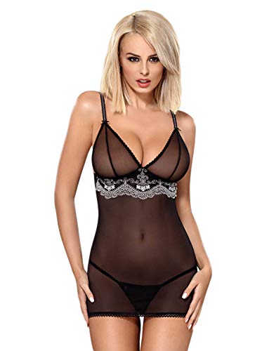 Selente Love & Fun verführerisches 3-teiliges Damen Dessous-Set aus Negligee/Babydoll, Tanga & Satin-Augenbinde, Made in EU (S/M, schwarz-Stickerei) von Selente