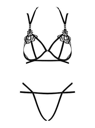 Selente Love & Fun verführerisches 3-teiliges Damen Dessous-Set aus offenem BH, Ouvert-Slip & Satin-Augenbinde, Made in EU, L-XL, Schwarz-Riemchen von Selente