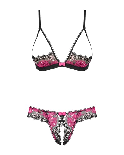 Selente Love & Fun verführerisches 3-teiliges Damen Unterwäsche-Set aus BH, Slip & exklusiver Satin-Augenbinde, Made in EU (S/M, schwarz-Magenta) von Selente