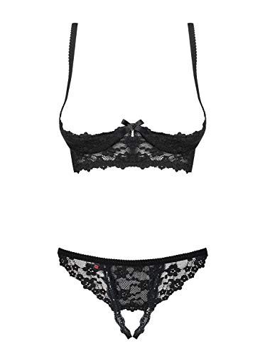 Selente Love & Fun verführerisches 3-teiliges Damen Unterwäsche-Set aus BH, Slip & exklusiver Satin-Augenbinde, Made in EU (S-M, Schwarz-Ouvert) von Selente