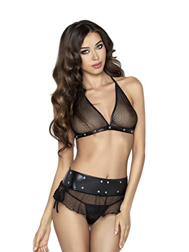 Selente Love & Fun verführerisches 4-teiliges Damen Dessous-Set, made in EU, aus BH, Strumpfgürtel, Tanga & exklusiver Satin-Augenbinde, schwarz mit Lederoptik, Netz und Nieten Gr. L/XL von Selente