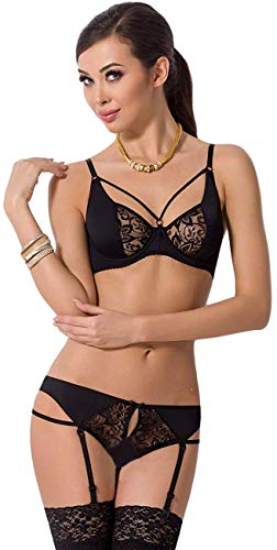 Selente Love & Fun verführerisches 4-teiliges Damen Dessous-Set, made in EU, aus BH, Strumpfgürtel, Tanga & exklusiver Satin-Augenbinde, schwarz mit Spitze als Ouvert Gr. S/M von Selente