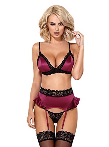 Selente Love & Fun verführerisches 4-teiliges Damen Dessous-Set aus BH, Strapsgürtel, Tanga & Satin-Augenbinde, Made in EU, Magenta, Gr. S/M von Selente