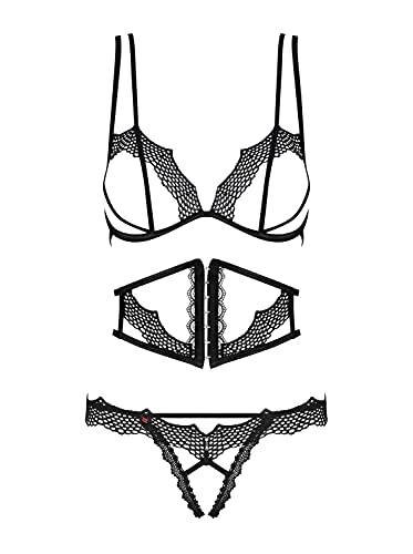 Selente Love & Fun verführerisches 4-teiliges Damen Dessous-Set aus BH, Strapsgürtel, Tanga & Satin-Augenbinde, Made in EU (L-XL, Schwarz-Mesh-Ouvert) von Selente