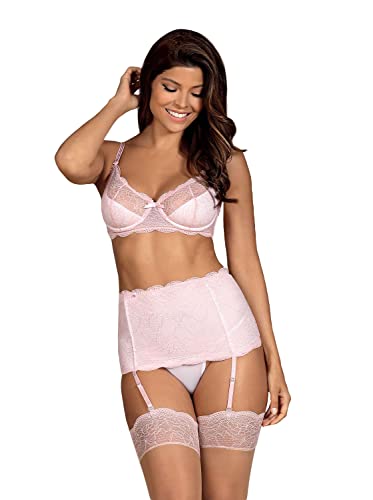 Selente Love & Fun verführerisches 4-teiliges Damen Dessous-Set aus BH, Strapsgürtel, Tanga & Satin-Augenbinde, Made in EU (L-XL, Zartrosa) von Selente