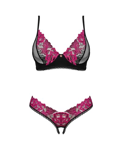 Selente Love & Fun verführerisches Damen Unterwäsche-Set aus BH, Slip & exklusiver Satin-Augenbinde, Made in EU (M-L, Schwarz-Pink-Ouvert) von Selente