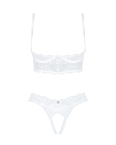 Selente Love & Fun verführerisches Damen Unterwäsche-Set aus BH, Slip & exklusiver Satin-Augenbinde, Made in EU (M-L, Weiß-Ouvert) von Selente