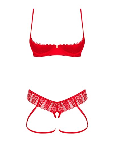 Selente Love & Fun verführerisches Damen Unterwäsche-Set aus BH, Slip & exklusiver Satin-Augenbinde, Made in EU (XL-XXL, Rot-Spitze-Ouvert) von Selente