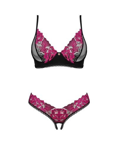 Selente Love & Fun verführerisches Damen Unterwäsche-Set aus BH, Slip & exklusiver Satin-Augenbinde, Made in EU (XS-S, Schwarz-Pink-Ouvert) von Selente