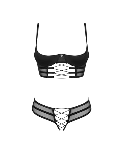 Selente Love & Fun verführerisches Damen Unterwäsche-Set aus BH, Slip & exklusiver Satin-Augenbinde, Made in EU (XS-S, Schwarz-Riemchen-Ouvert) von Selente