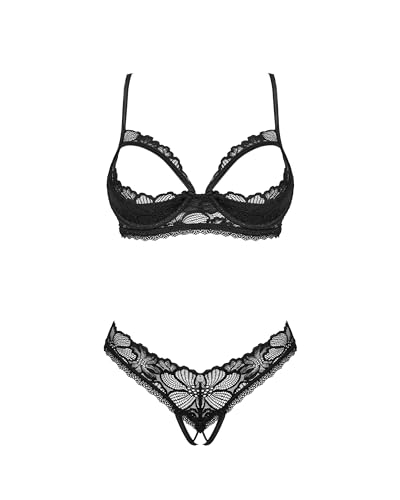 Selente Love & Fun verführerisches Damen Unterwäsche-Set aus BH, Slip & exklusiver Satin-Augenbinde, Made in EU (XS-S, Schwarz-Spitze-Ouvert) von Selente